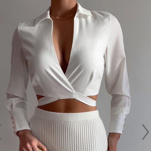 NWT FRIEDERIKE SHIRT - CROPPED TIE BACK WRAP SHIRT IN WHITE - showpo - Picture 5 of 7